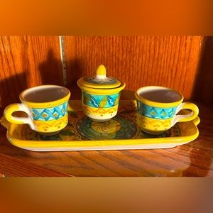 Italian designer Vietri tray with expresso cups and sugar bowl/lid